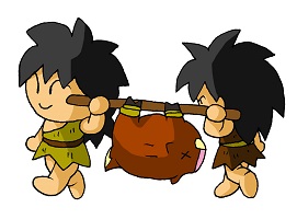 大きな肉を運んでいる原始時代の子供たち