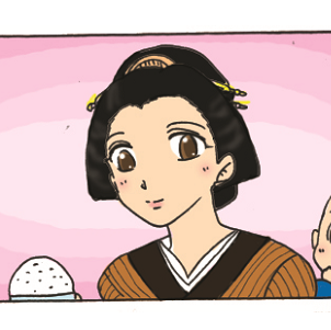 白いご飯を持って微笑む江戸時代の女性